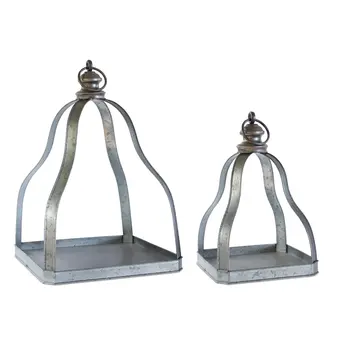 Set of Two Gray Distressed Galvanized Metal Tabletop Lantern Candle Holders