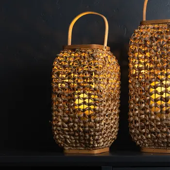 16" Natural Distressed Woven Glass And Wicker Floor Lantern Candle Holder