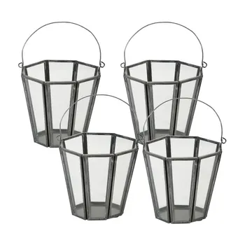 Set of Four Gray Distressed Geometric Iron And Glass Tabletop Votive Candle Holders