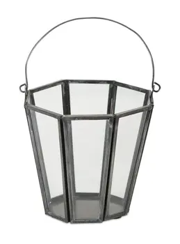 Set of Four Gray Distressed Geometric Iron And Glass Tabletop Votive Candle Holders