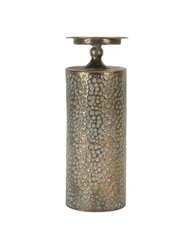 Set of Three Bronze Distressed Abstract Metal Tabletop Pillar Candle Holders