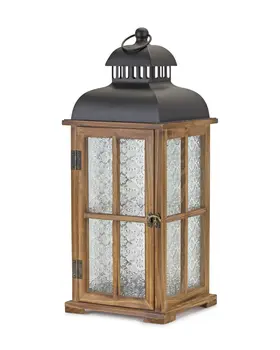 Set of Two Brown and Black Frosted Glass Wood and Metal Floor Lantern Candle Holders