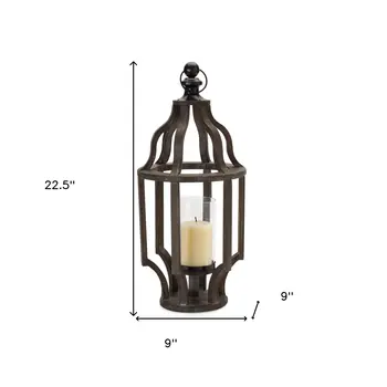 23" Black Geometric Wood And Glass Tabletop Lantern Candle Holder