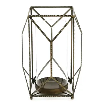 12" Gold Distressed Geometric Iron And Glass Floor Hurricane Candle Holder
