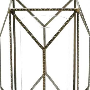 12" Gold Distressed Geometric Iron And Glass Floor Hurricane Candle Holder