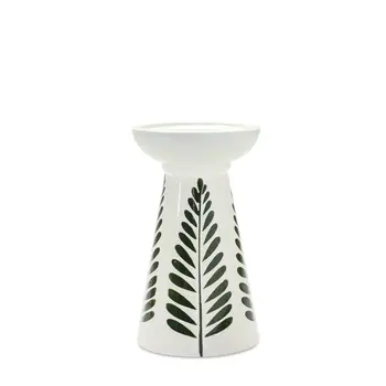 Set of Two Green And White Distressed Botanical Leaf Ceramic Tabletop Pillar Candle Holders