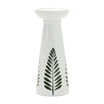 Set of Two Green And White Distressed Botanical Leaf Ceramic Tabletop Pillar Candle Holders