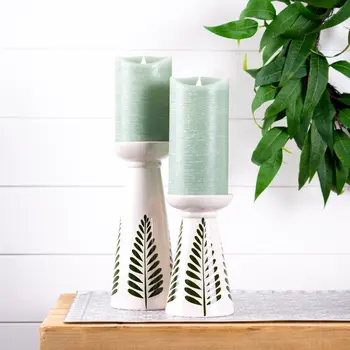 Set of Two Green And White Distressed Botanical Leaf Ceramic Tabletop Pillar Candle Holders