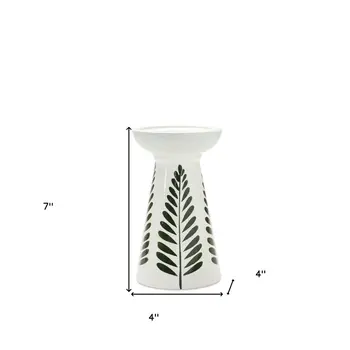 Set of Two Green And White Distressed Botanical Leaf Ceramic Tabletop Pillar Candle Holders
