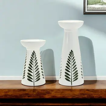 Set of Two Green And White Distressed Botanical Leaf Ceramic Tabletop Pillar Candle Holders