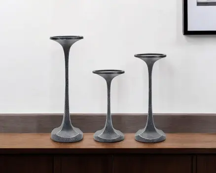 Set of Three Dark Gray Distressed Abstract Polyresin Tabletop Pillar Candle Holders