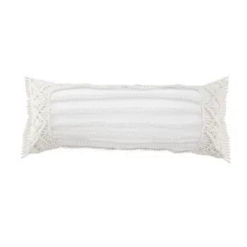 14" X 36" White Textured Indoor Outdoor Throw Pillow With Fringe