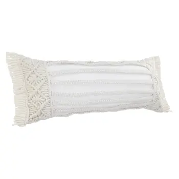 14" X 36" White Textured Indoor Outdoor Throw Pillow With Fringe