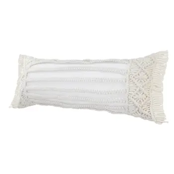 14" X 36" White Textured Indoor Outdoor Throw Pillow With Fringe