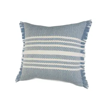 24" Blue and Off White Striped Indoor Outdoor Throw Pillow With Fringe