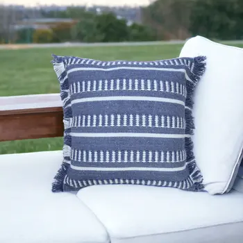 20" Blue and White Striped Indoor Outdoor Throw Pillow With Fringe