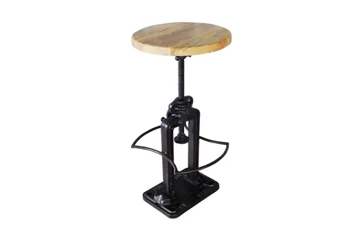 Natural and Black Solid Wood and Iron Backless Adjustable Height Bar Chair