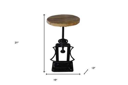 Natural and Black Solid Wood and Iron Backless Adjustable Height Bar Chair