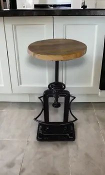 Natural and Black Solid Wood and Iron Backless Adjustable Height Bar Chair