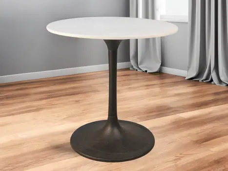 30" White And Black Rounded Marble And Iron Pedestal Base Dining Table