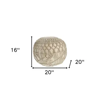 20" Cream Cotton Tufted Round Geometric Pouf Ottoman