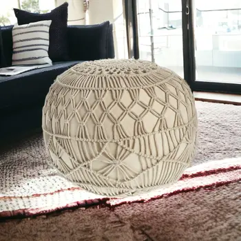 20" Cream Cotton Tufted Round Geometric Pouf Ottoman