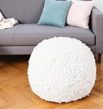 20" Cream Cotton Tufted Round Geometric Pouf Ottoman