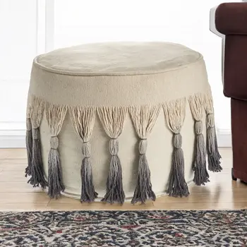 20" Beige Cotton Round Ombre Pouf Ottoman