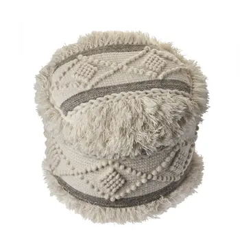 18" Cream Wool Cotton Blend Round Geometric Pouf Ottoman