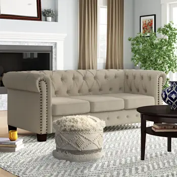 18" Cream Wool Cotton Blend Round Geometric Pouf Ottoman