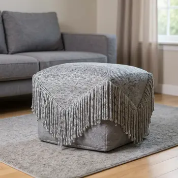 18" Gray Wool Cotton Blend Pouf Ottoman