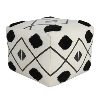 18" White Cotton Geometric Pouf Ottoman