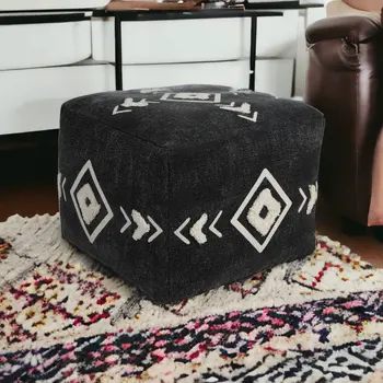 18" Black Cotton Geometric Pouf Ottoman