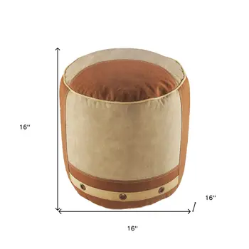16" Tan Cotton Cylinder Striped Pouf Ottoman