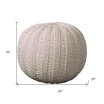 20" Beige Cotton Round Pouf Ottoman