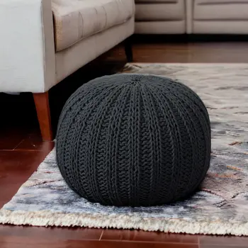 20" Black Cotton Round Pouf Ottoman