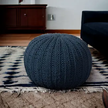20" Blue Cotton Round Pouf Ottoman