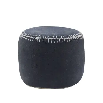 18" Blue Cotton Cylinder Striped Pouf Ottoman