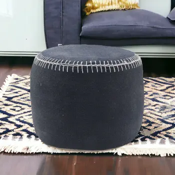 18" Blue Cotton Cylinder Striped Pouf Ottoman