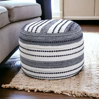 18" Blue Cotton Cylinder Striped Pouf Ottoman