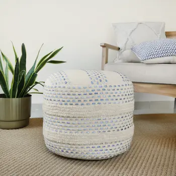18" Blue Cotton Blend Ottoman