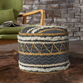 18" Black Cotton Cylinder Striped Pouf Ottoman