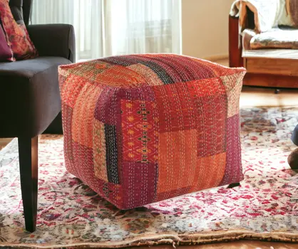 24" Red Patchwork Pouf Ottoman