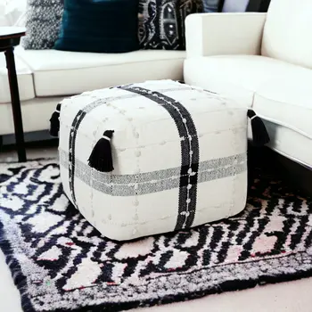 18" Black Cotton Striped Pouf Ottoman