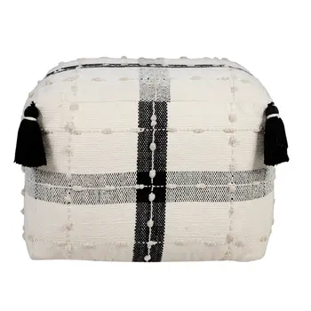 18" Black Cotton Striped Pouf Ottoman