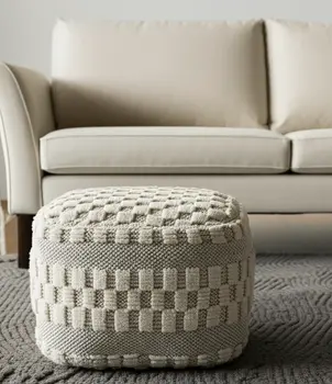 18" Beige Geometric Pouf Ottoman