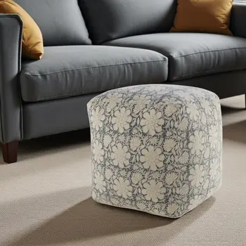 20" Beige Cotton Abstract Pouf Ottoman