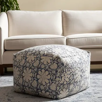 20" Beige Cotton Abstract Pouf Ottoman