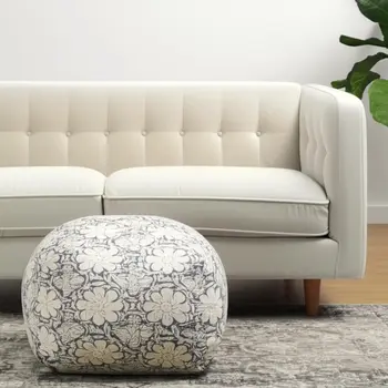 20" Beige Cotton Abstract Pouf Ottoman