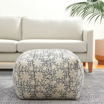 20" Beige Cotton Abstract Pouf Ottoman